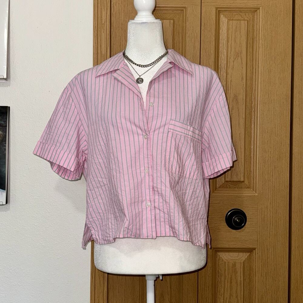 ZARA Shirt Women's Large Pink Green Striped Short Sleeve Collar Button Up Casual
